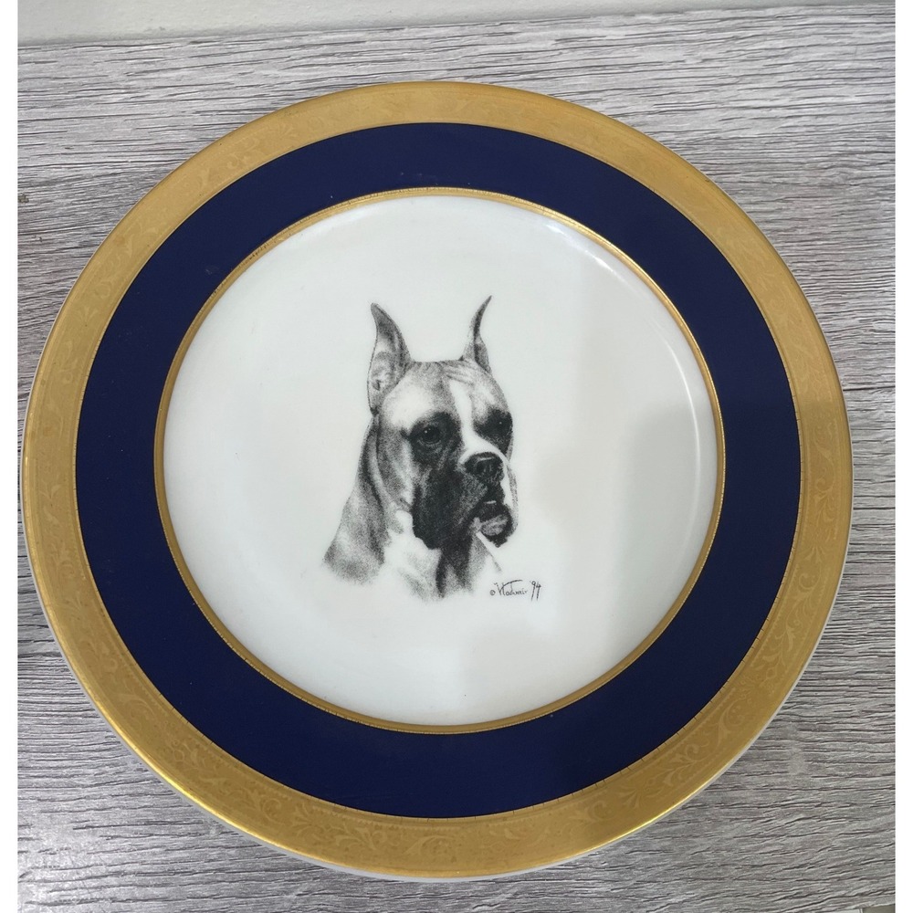 Rosalinde Boxer Dog Porcelain Plate Cobalt‎ Blue Gold Rim Vladimir 1994 Artist